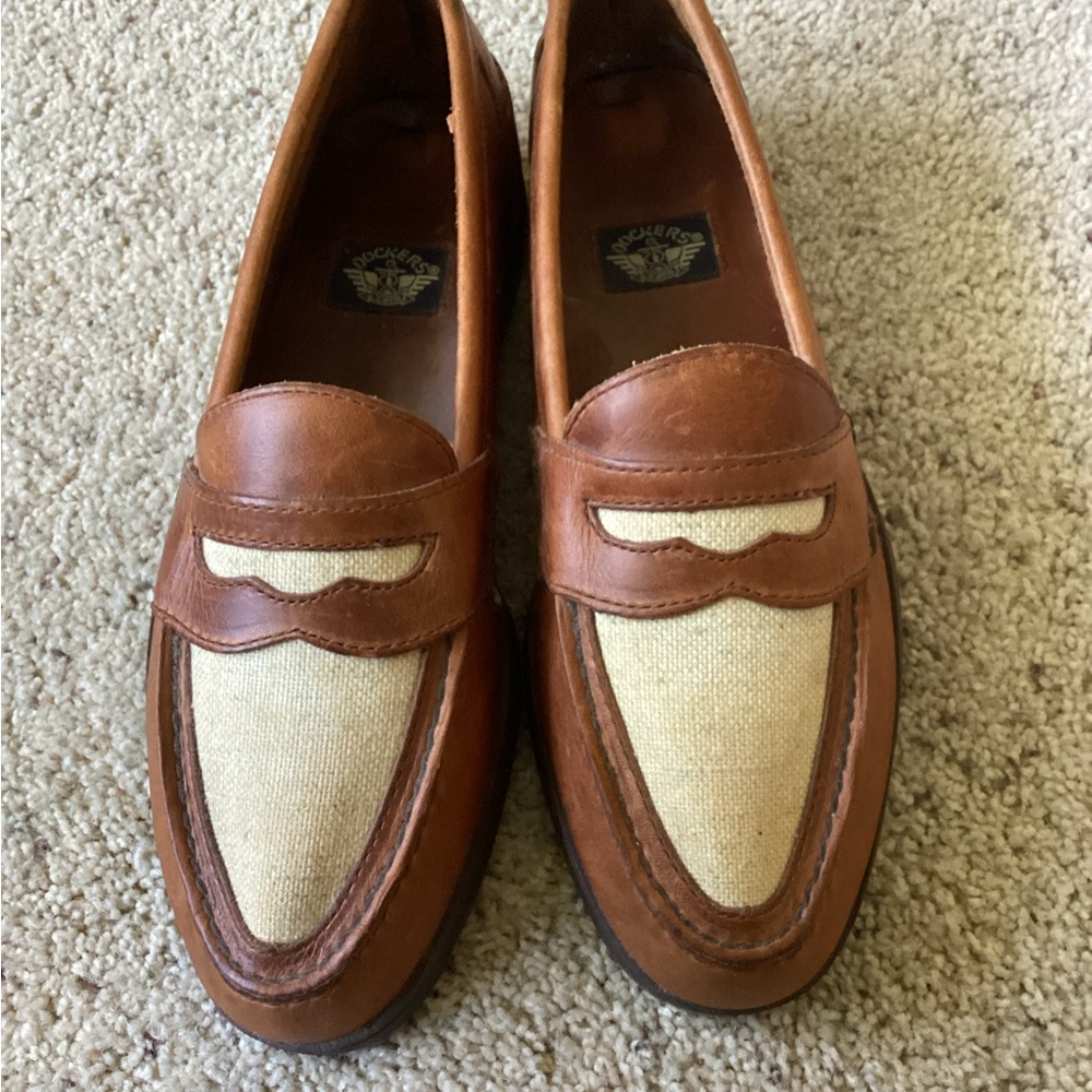 Vintage Dockers Brown and Cream Slip-On Loafers with Classic Design